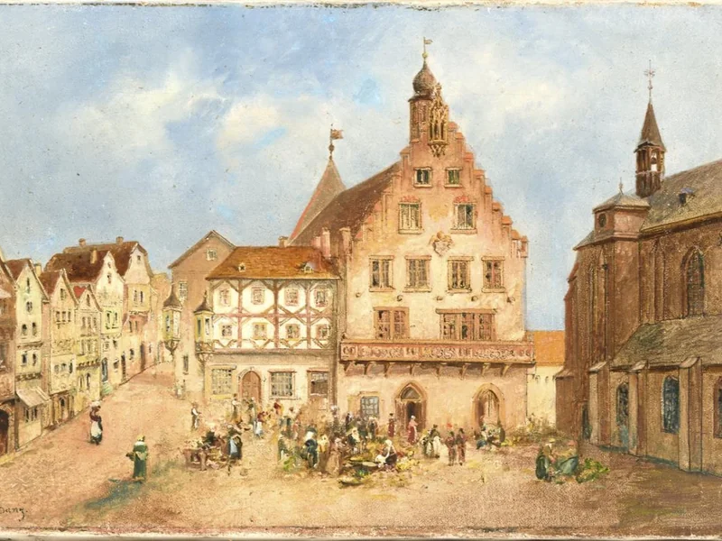 1841-Robert Danz - Vecchio municipio (distrutto da un incendio nel 1849) e chiesa presso il mercato delle uova, Kreuznach